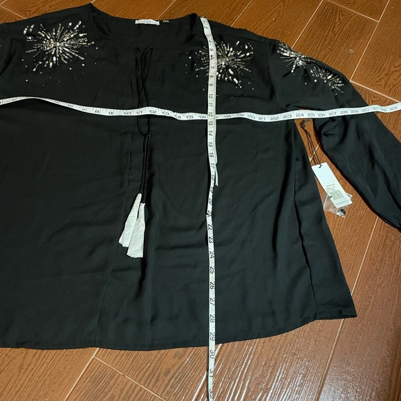 Dex Black Semi Sheer silver star burst sequin blouse long sleeve size 1X tassels - Picture 6 of 16